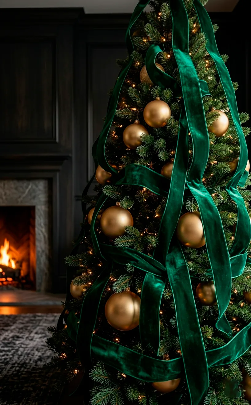 Thick emerald velvet ribbons and matte gold ornaments on a dark green Christmas tree.