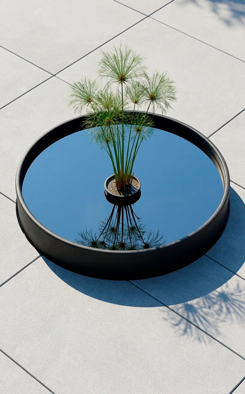Minimalist matte black stock tank pond on a gray concrete patio with a single papyrus plant.