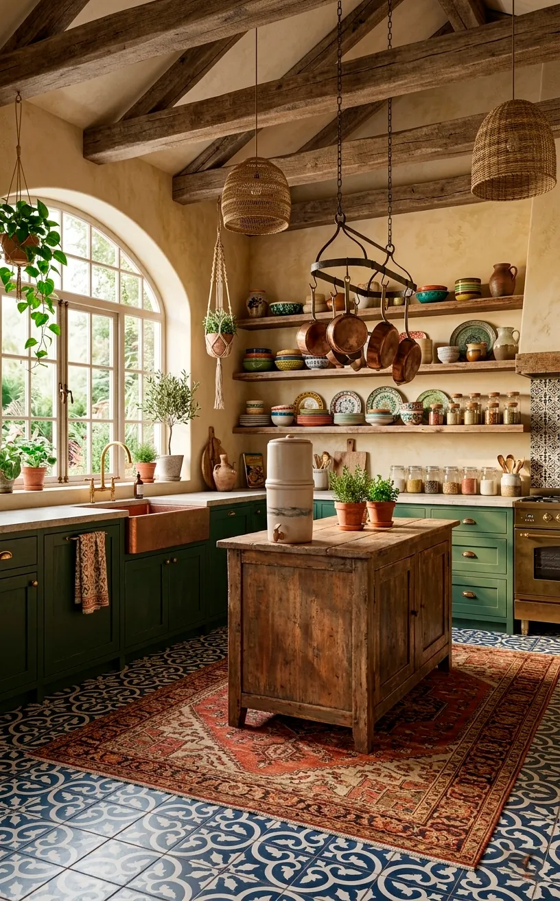 Eclectic kitchen with Moroccan floor tiles, a terracotta Persian rug, and rustic wood furniture.