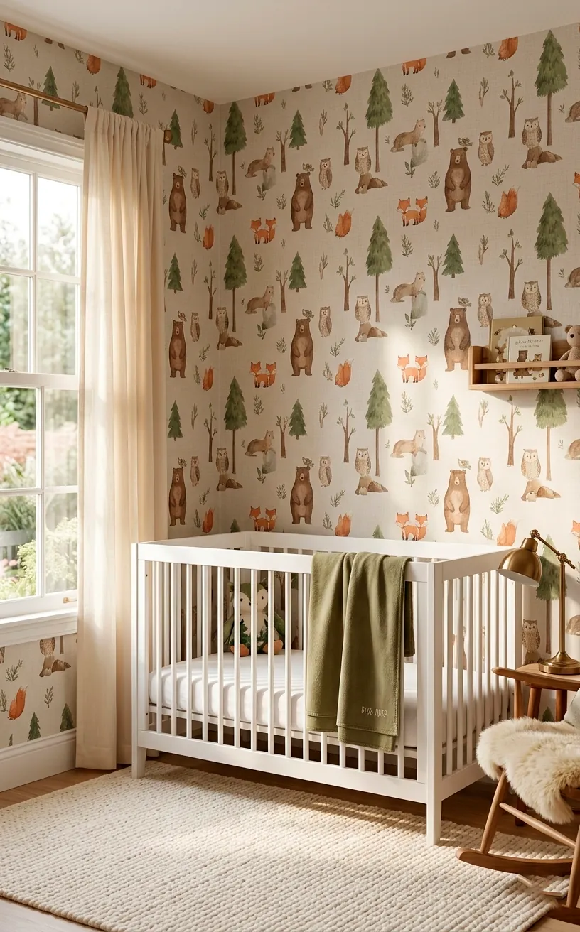 Whimsical forest animal peel and stick wallpaper in a cozy nursery with a white crib and soft lighting.