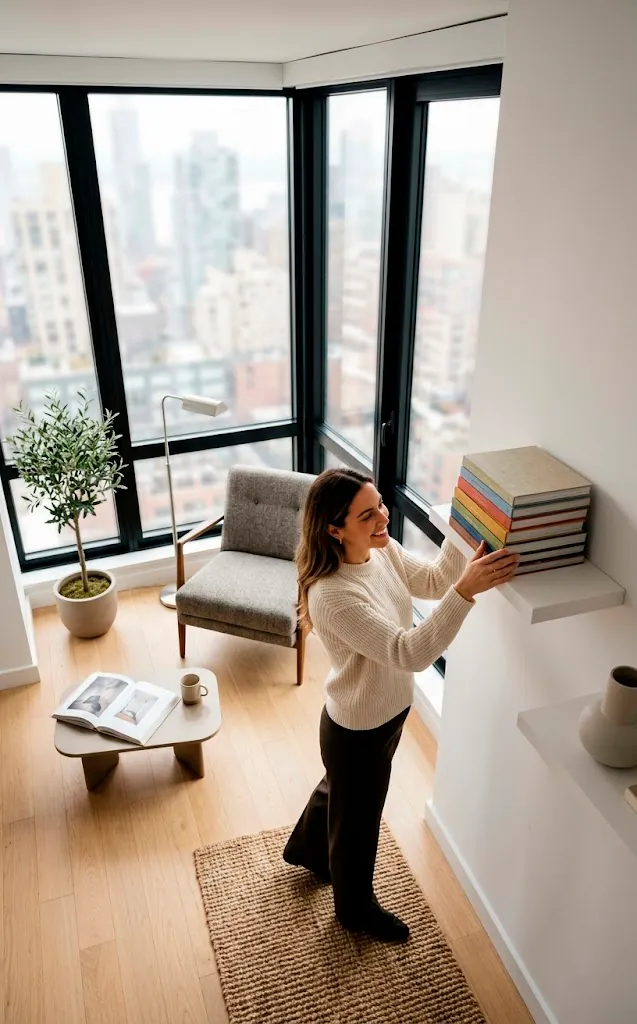 Woman organizing a minimalist living room by placing books on a white floating shelf in a bright apartment.