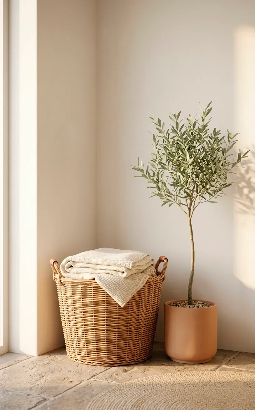 Wicker storage basket with a cream blanket next to a potted olive tree in a minimalist living room corner.