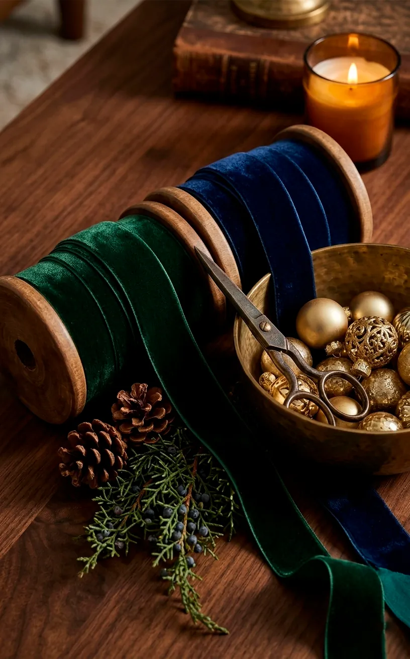 Close-up of luxury forest green and navy velvet ribbon spools on a table with holiday accents.