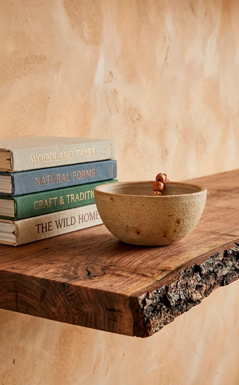 Close-up detail of a live-edge wood shelf with pottery and linen books.