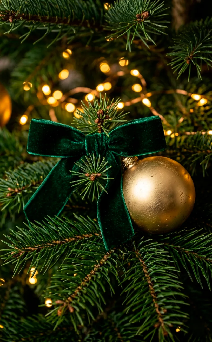 Close-up of a luxurious emerald velvet bow and a brushed gold ornament on a dark green tree branch.