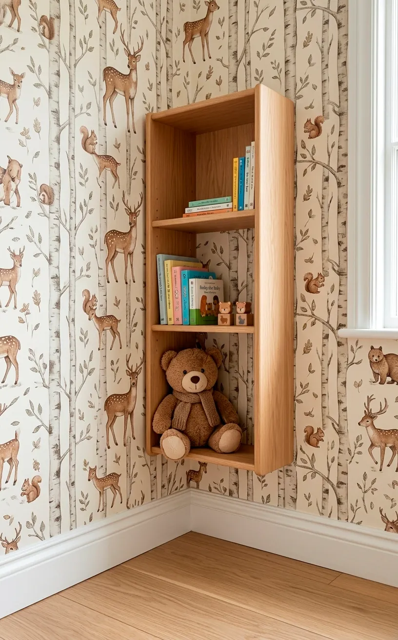 Close-up of pattern alignment on forest-themed wallpaper in a nursery corner with a wooden bookshelf.
