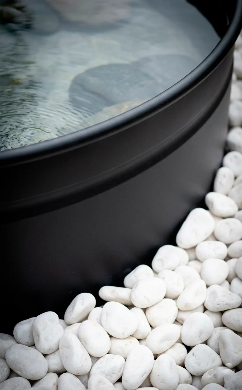 Close-up of the matte black metal edge of a pond meeting white river stones.