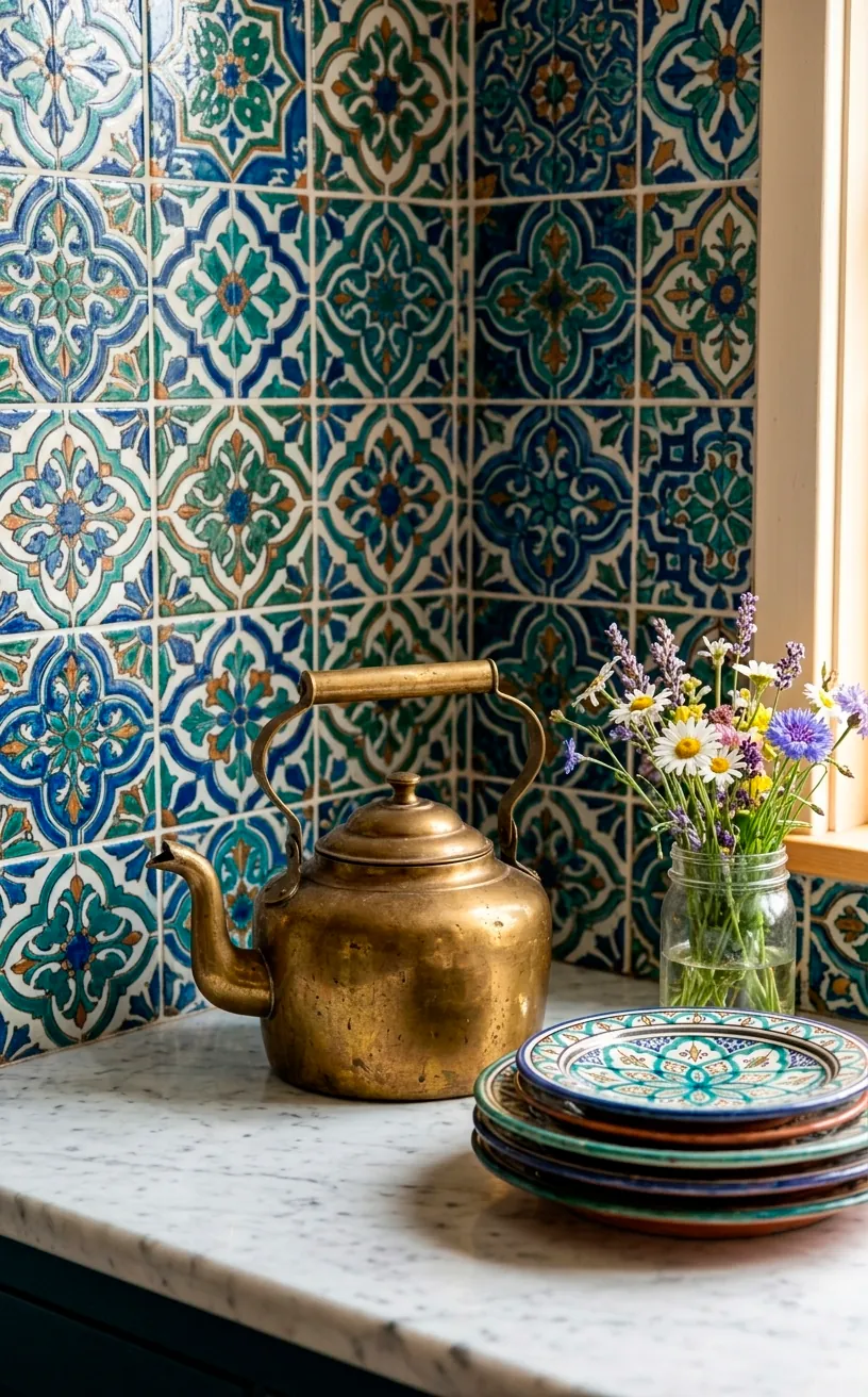 Close-up of a kitchen corner with patterned tiles, brass kettle, and colorful ceramic plates.