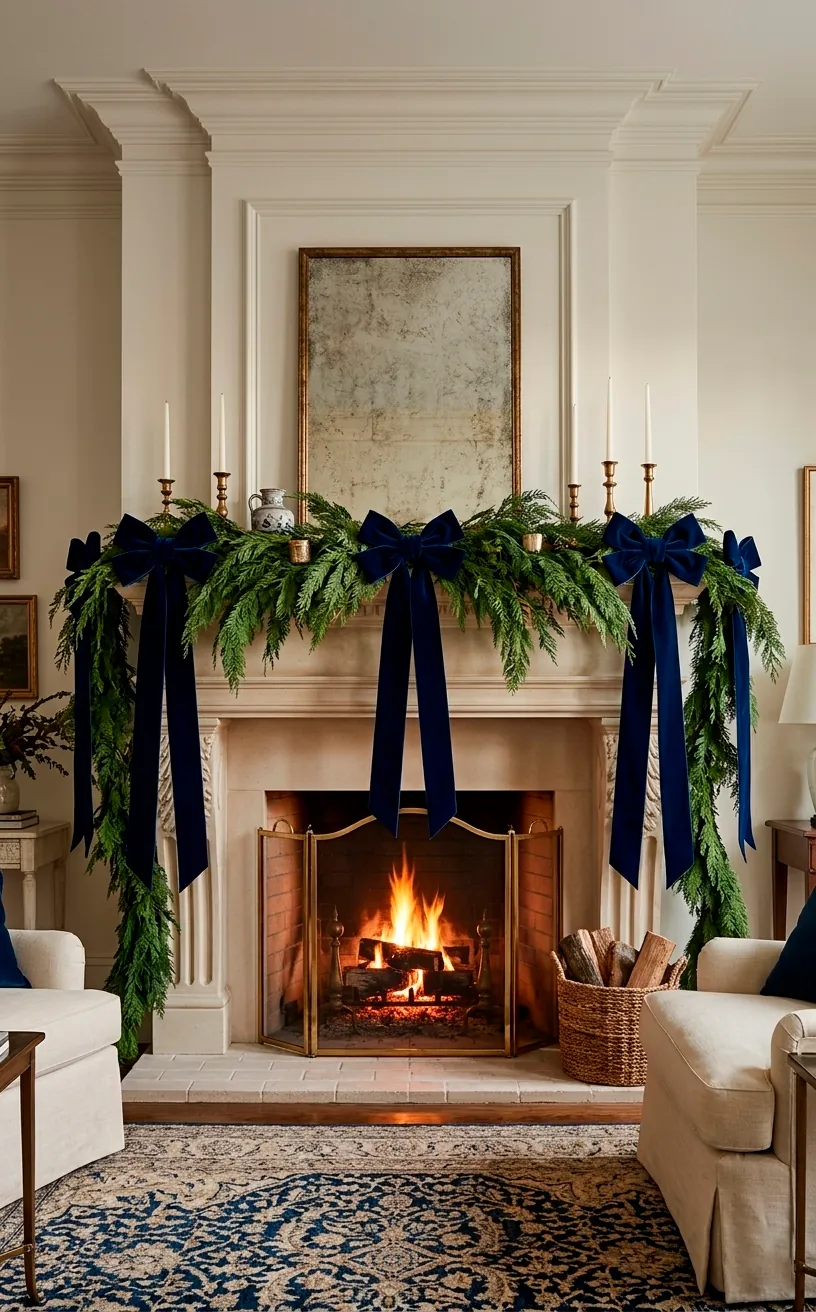 Fireplace mantle with cedar garland and oversized navy velvet bows with long hanging tails.