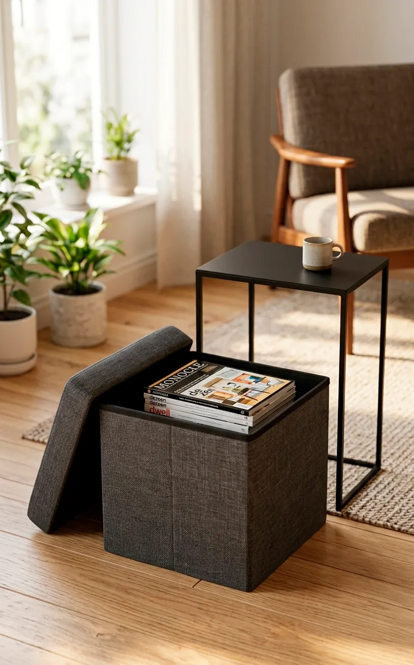 Modern grey storage ottoman with lid slightly open showing magazines in a minimalist small living room.