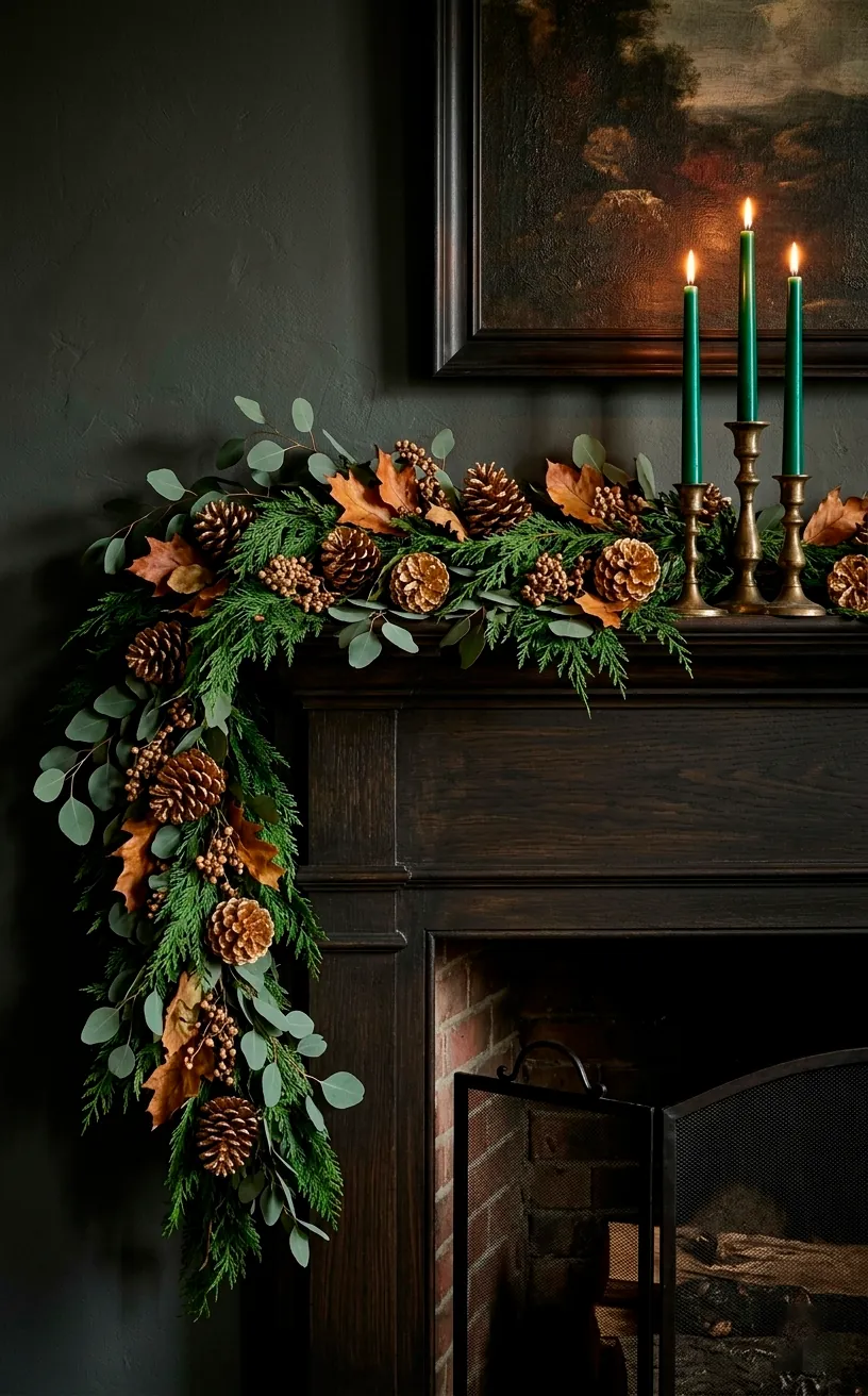 Moody Christmas mantle with cedar greenery, gold pinecones, and emerald taper candles.
