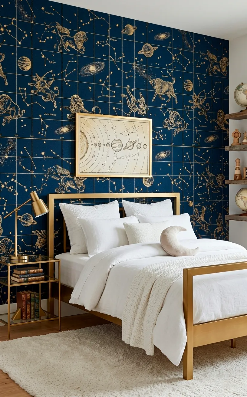 Sophisticated navy and gold celestial map wallpaper in a modern kids bedroom with a gold bed frame.