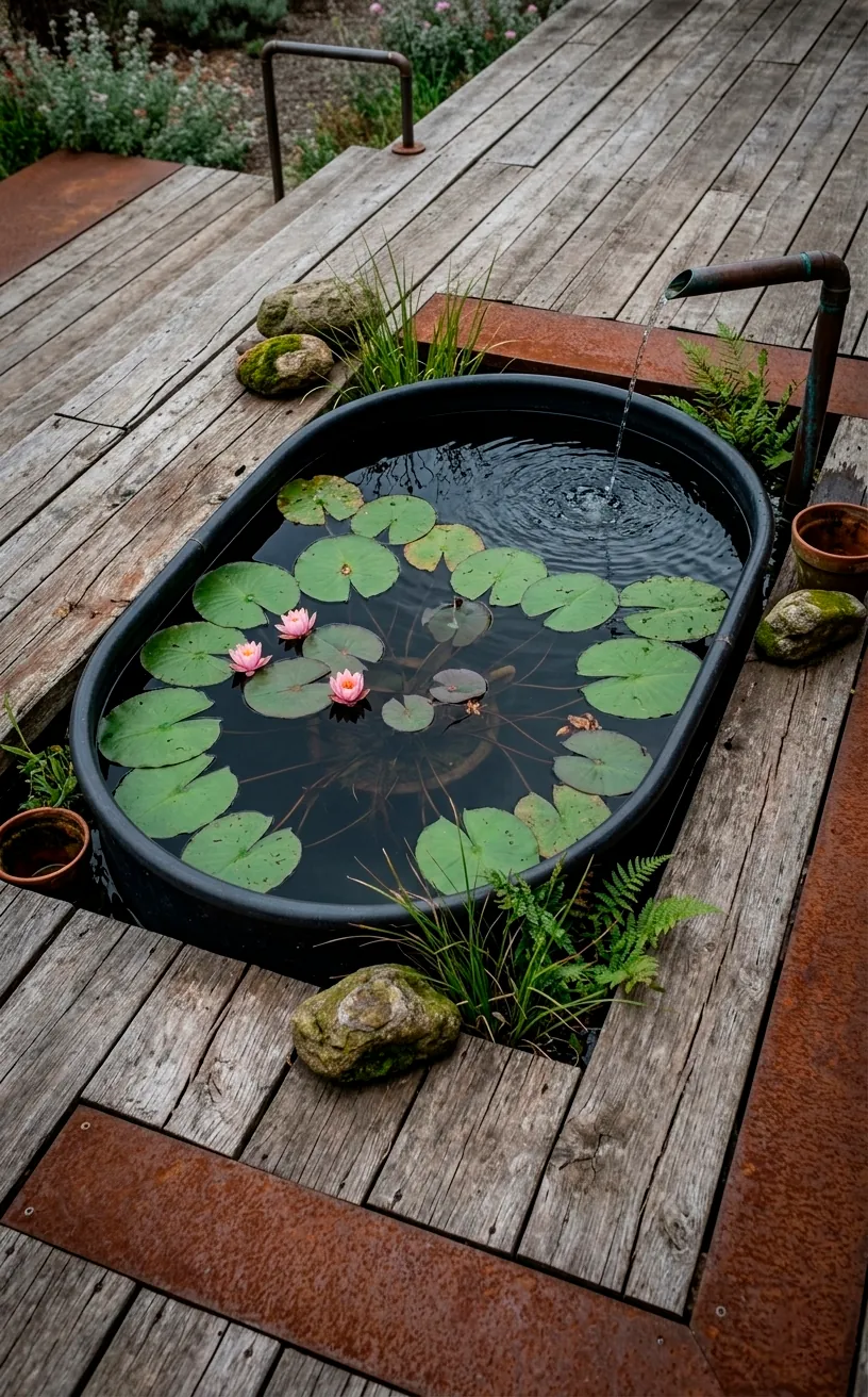 Industrial style black stock tank pond with floating lilies and a copper fountain.