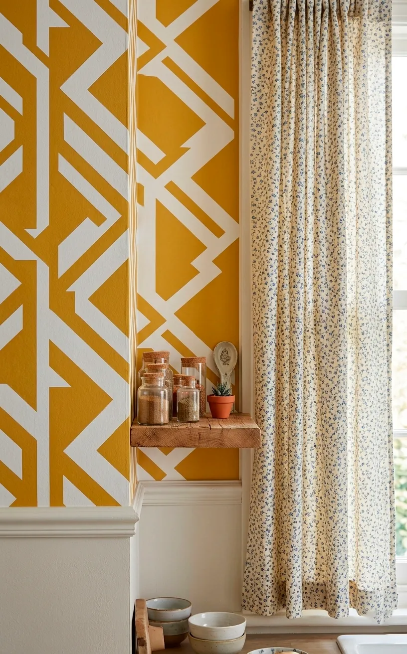 Contrast between large mustard geometric wallpaper and small blue floral curtains in a kitchen.