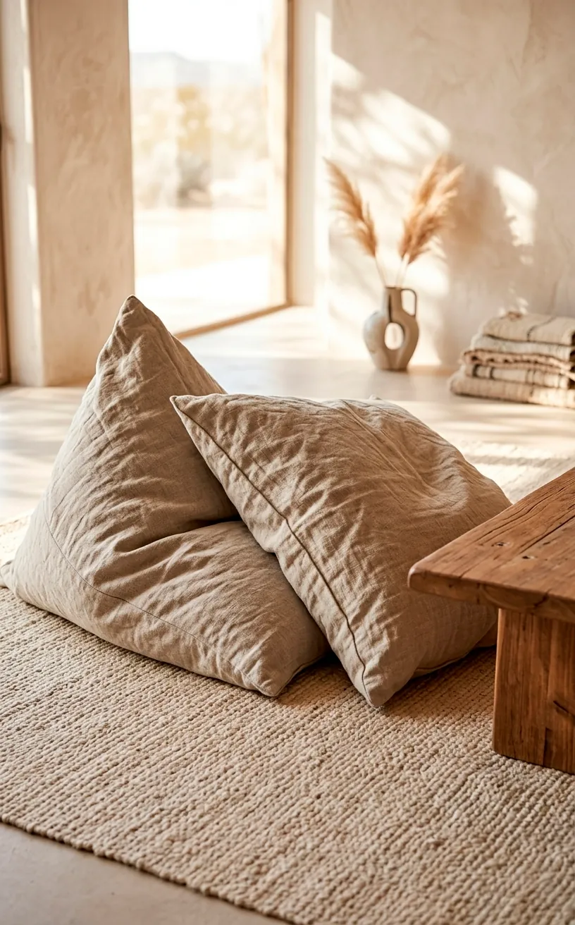 Large oatmeal linen floor pillows on a jute rug in a bright room.
