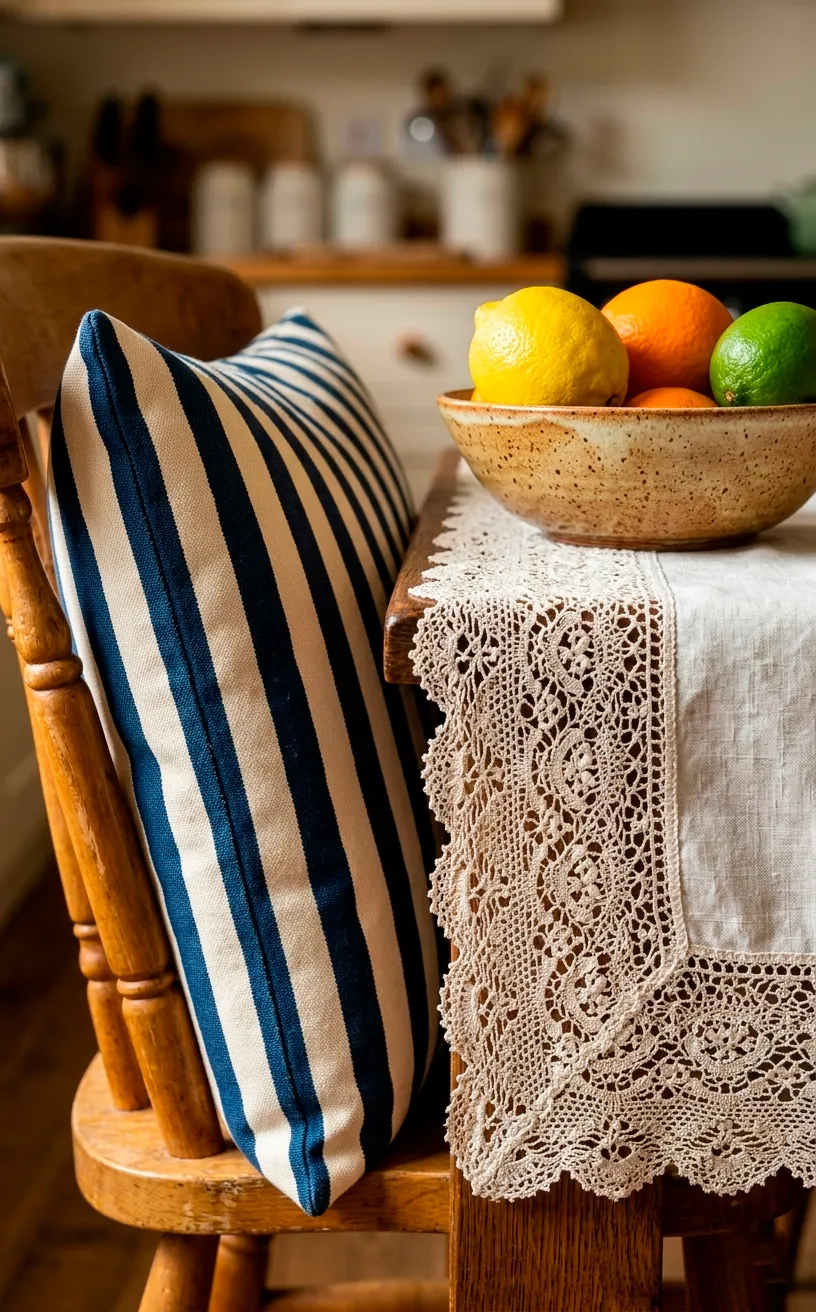 Striped chair cushion next to a fine lace tablecloth in a sunny eclectic dining nook.