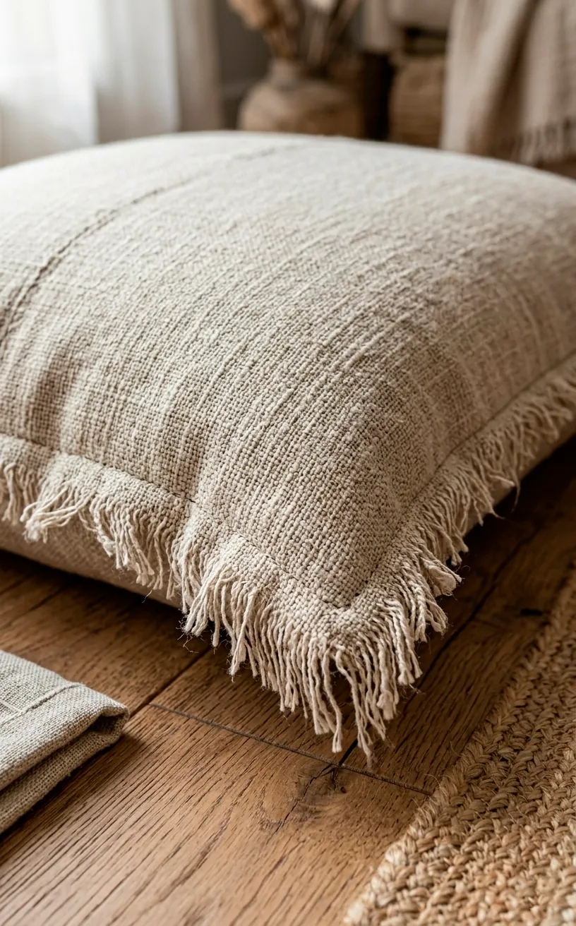 Close-up of frayed linen fabric texture on a large floor cushion.