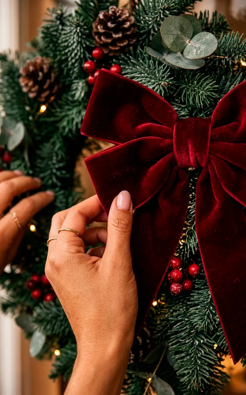 Detail of a large structured velvet bow being placed on a holiday wreath.