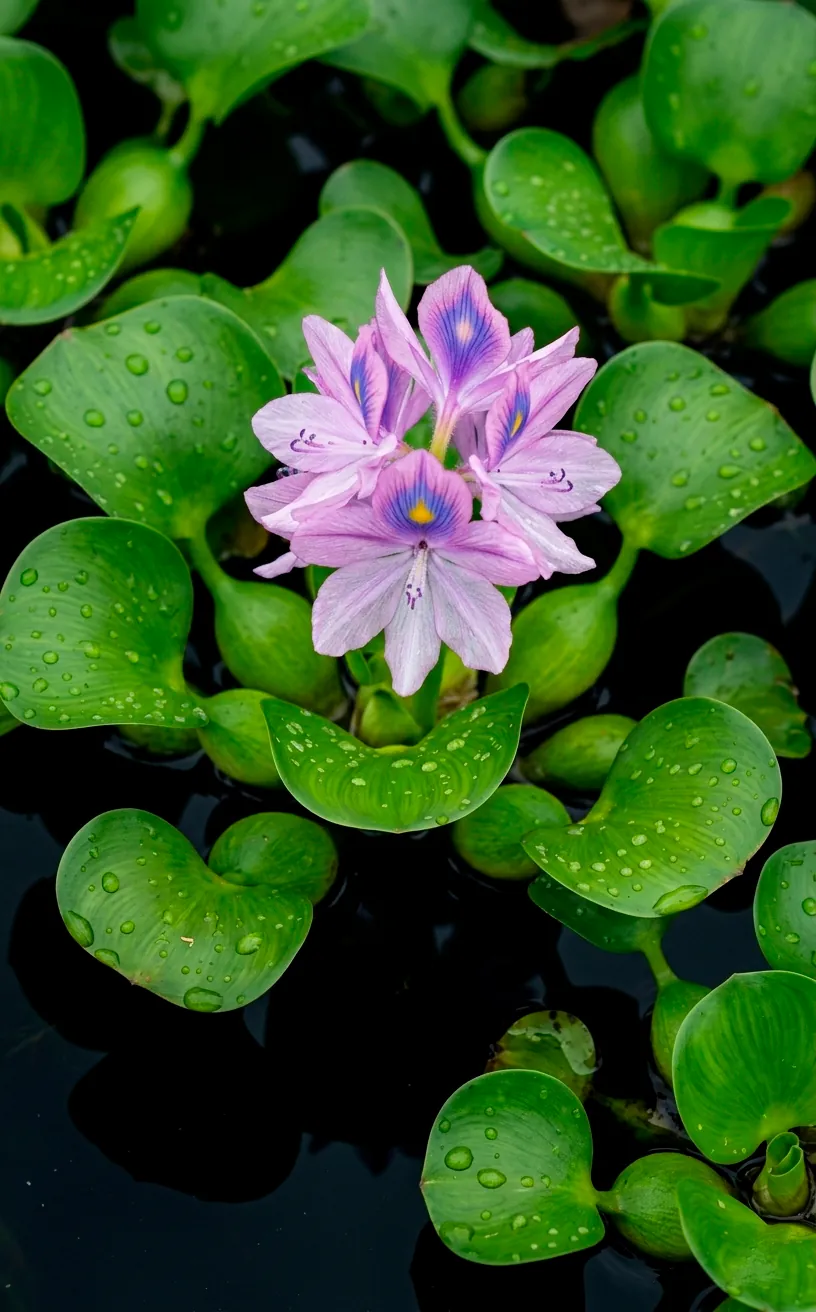 Vibrant green water hyacinth floating on the surface of a black stock tank pond.