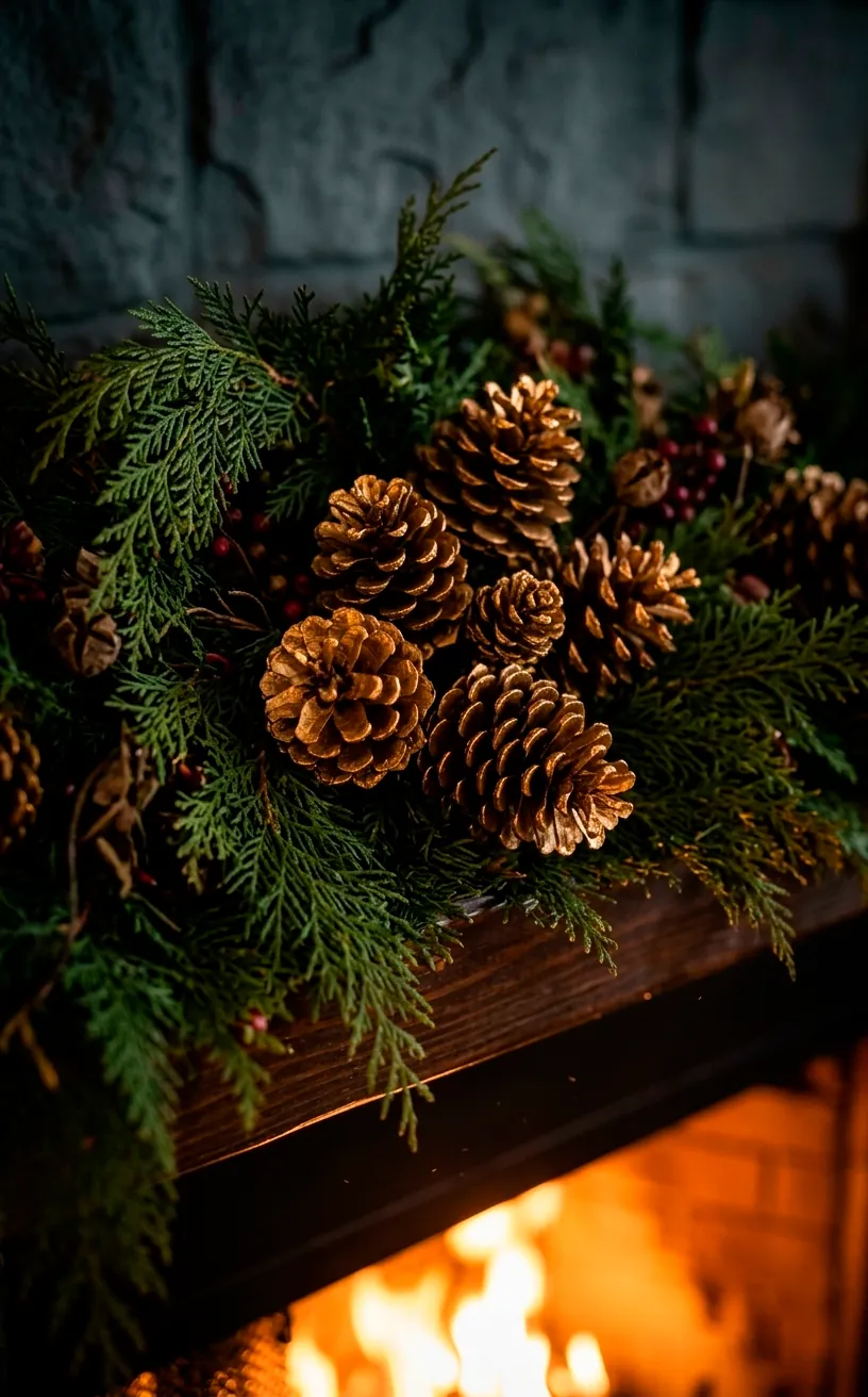 Detailed view of gold-painted pinecones and dark cedar garland on a holiday mantle.