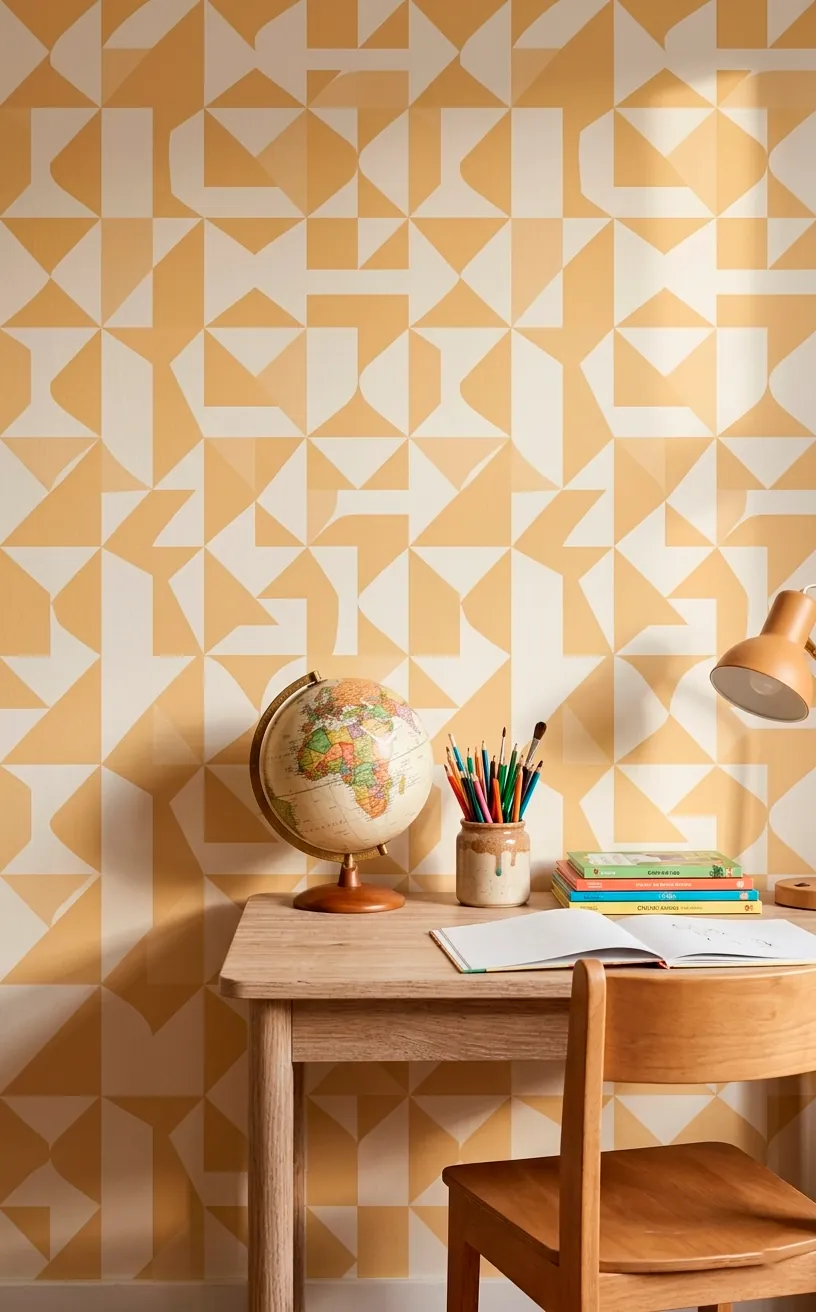 Geometric ochre wallpaper behind a kids study desk with a globe and stationery.