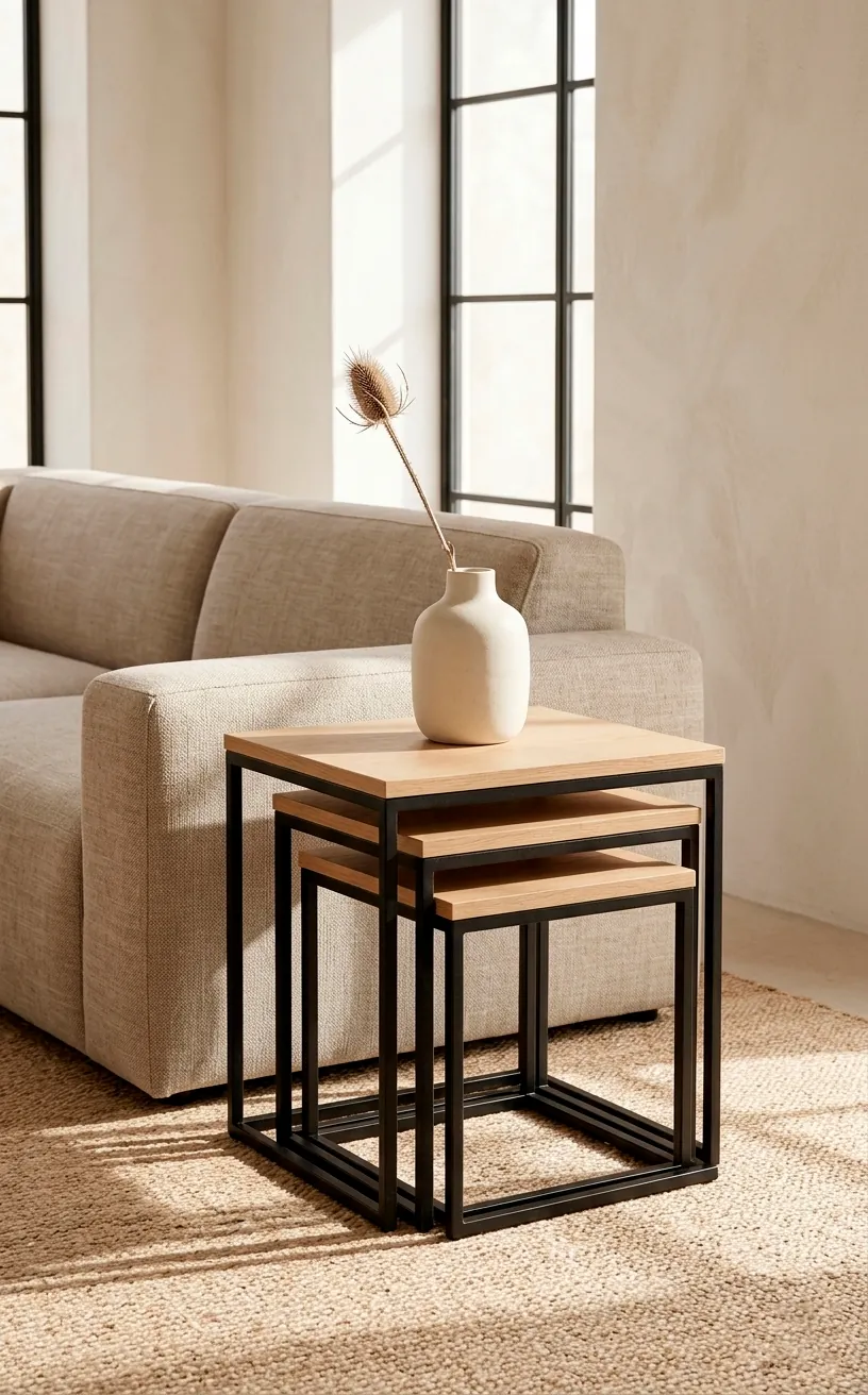 Set of three oak nesting tables stacked neatly next to a grey minimalist sofa in a small space.