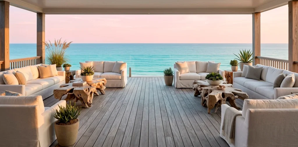 Luxury coastal porch with weathered wood flooring and white furniture overlooking the ocean at sunset.
