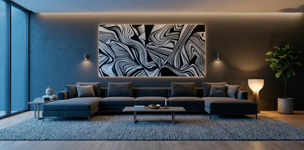Moody Scandi-Noir living room with dark walls and large scale dramatic art piece.