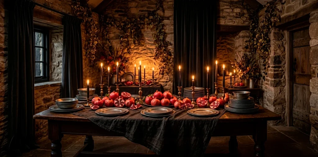 A moody gothic Thanksgiving table setting with black candles, pomegranates, and vintage pewter in a stone cottage.