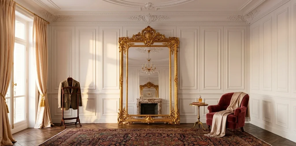Grand Parisian dressing room with a massive antique gilded floor mirror and luxurious classical decor.
