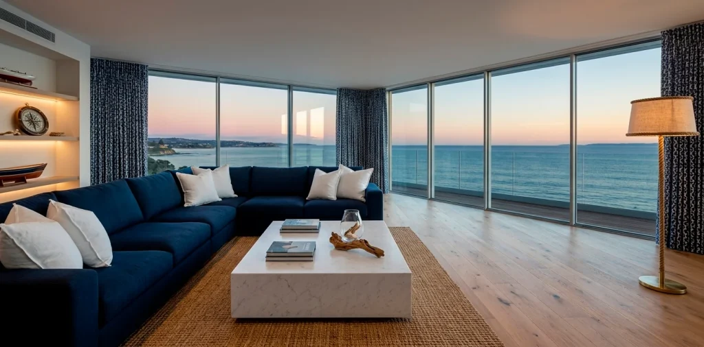 Sophisticated navy and white nautical living room with ocean view and minimalist furniture.