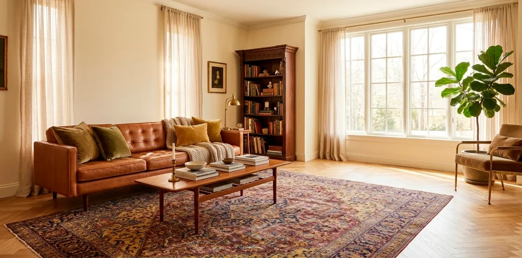 A wide-angle interior shot of a vintage living room blending Mid-Century Modern furniture with Victorian accents.
