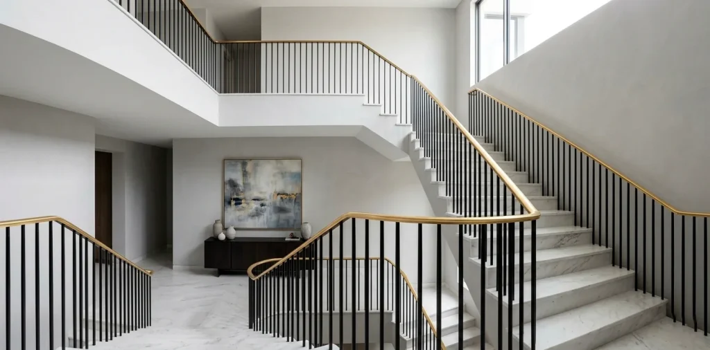 Modern staircase with black spindles and satin brass handrail in a bright luxury foyer.