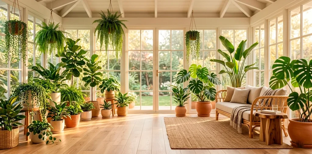 Sun-drenched enclosed porch filled with lush tropical plants and stylish rattan furniture in golden light.