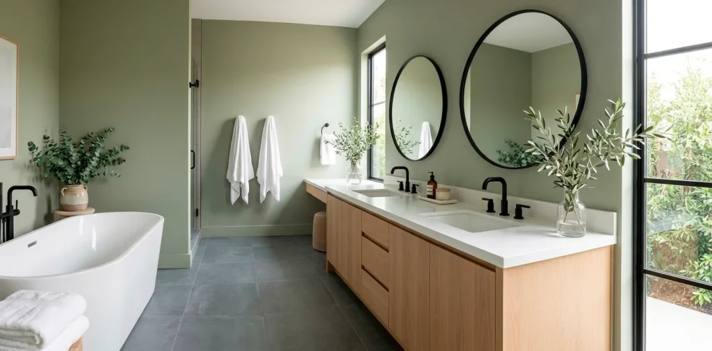 Luxurious sage green bathroom with light oak vanity and freestanding tub in a bright, modern setting.