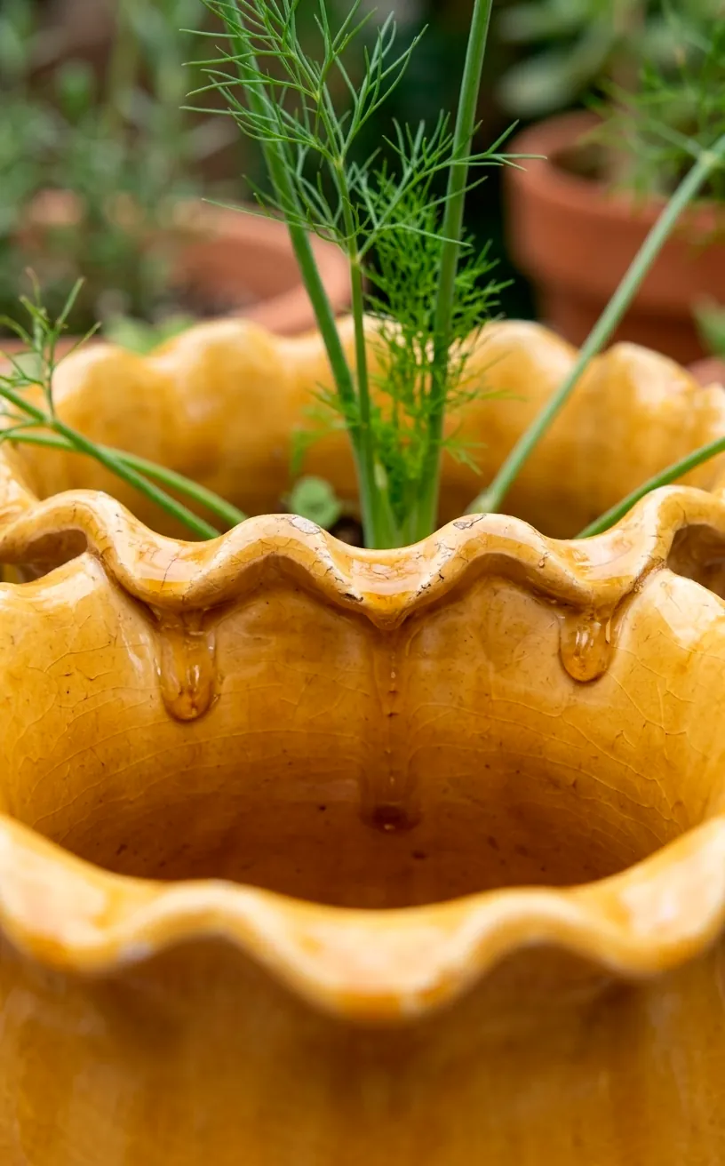 Close-up of the ruffled scalloped rim of a mustard yellow ceramic planter.