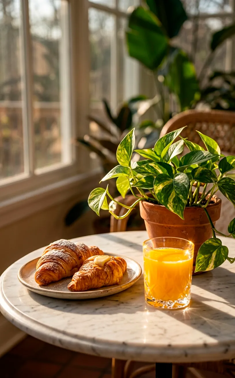 Morning breakfast on a marble table next to indoor plants in a sunroom.