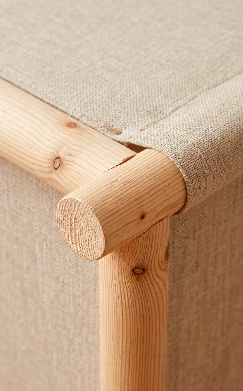Detailed view of the wood dowel and linen joint of a magazine rack.