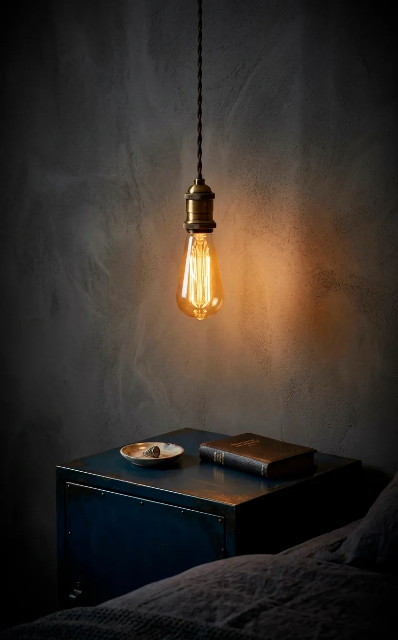Edison bulb lighting up a navy nightstand against a textured charcoal industrial wall.