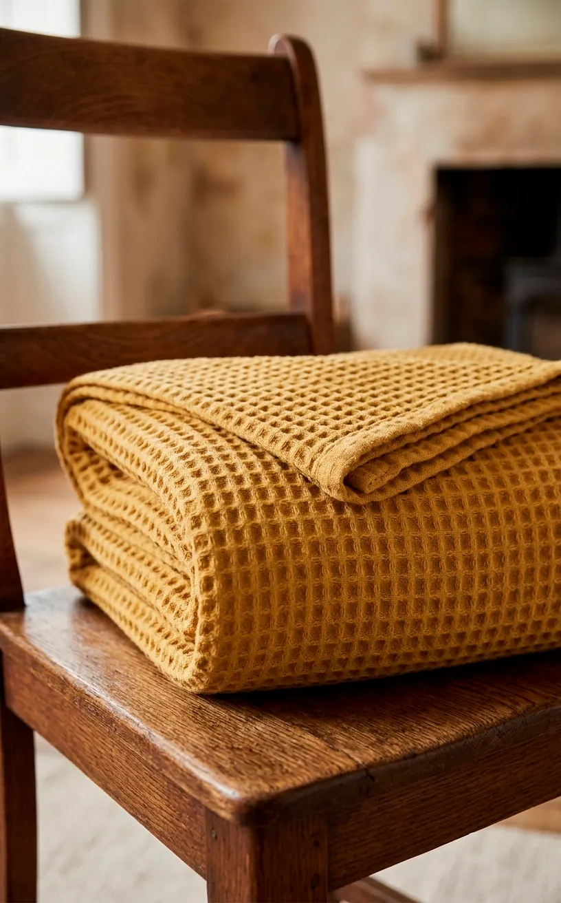 Close-up of a mustard yellow waffle-weave cotton blanket on a wooden chair.