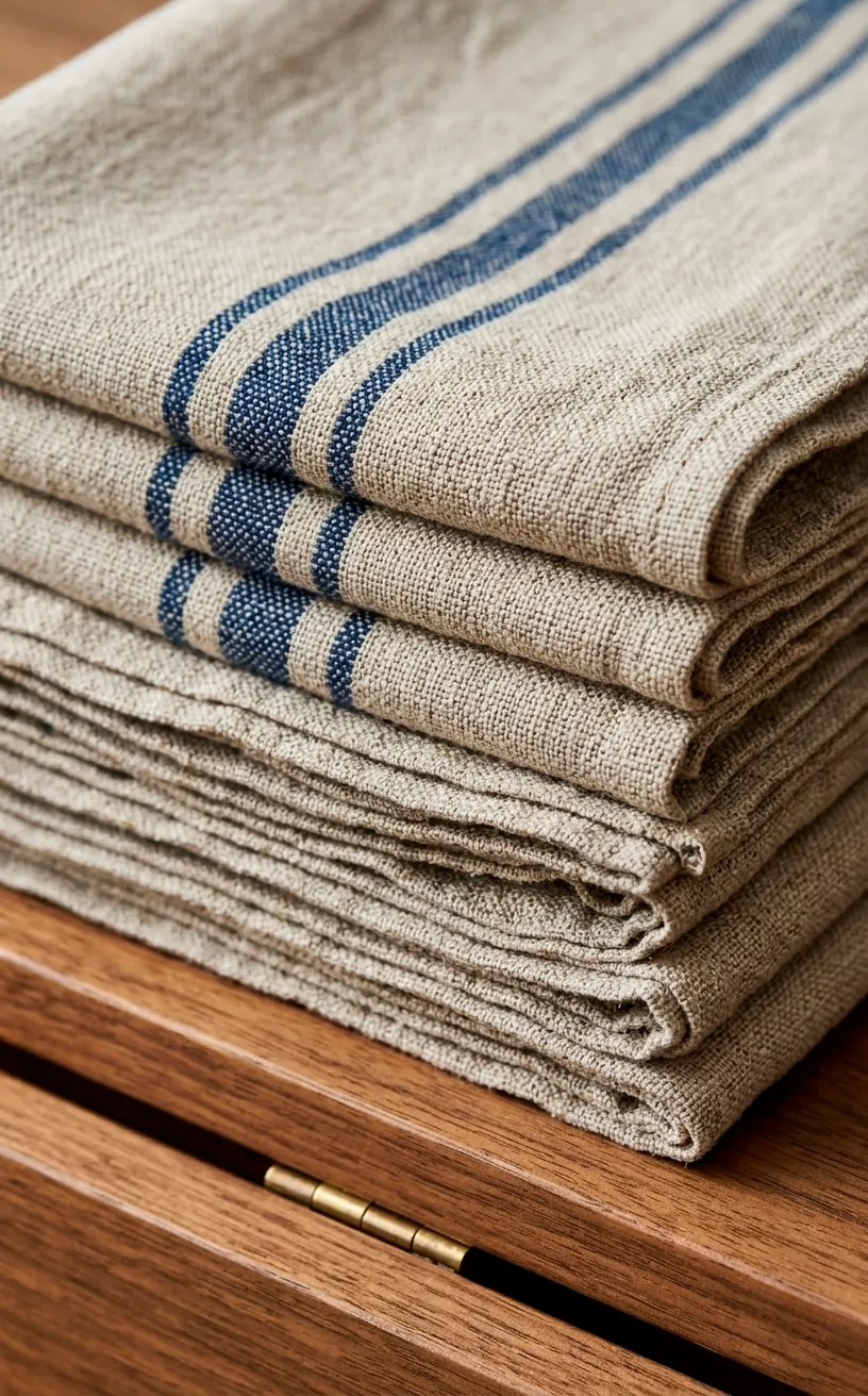 Stack of vintage striped linen towels resting on a modern laundry room folding surface.