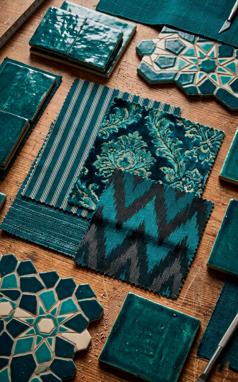 Collection of teal patterned fabric swatches and ceramic tiles on a rustic wooden surface.