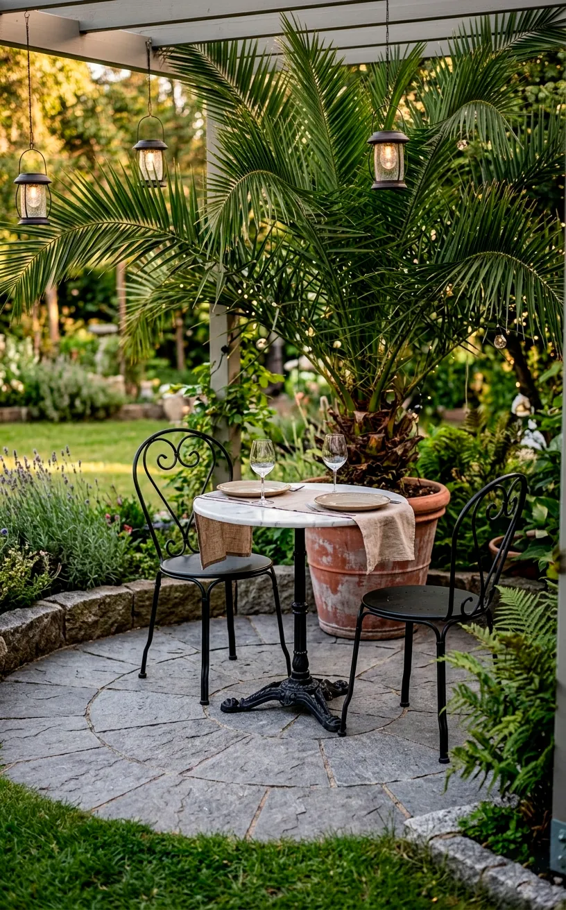 Small outdoor dining nook with marble table and black chairs on grey stone pavers.