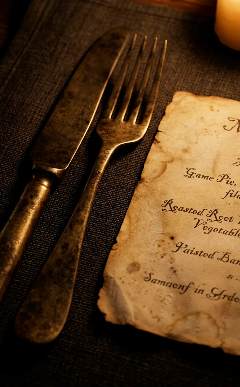 Close-up of vintage brass flatware and an old parchment menu on a dark napkin.