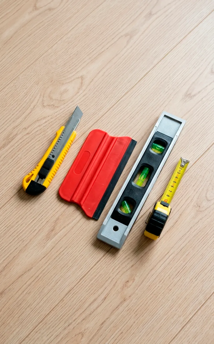 Wallpaper installation tools including a utility knife, level, and smoother on a wooden floor.