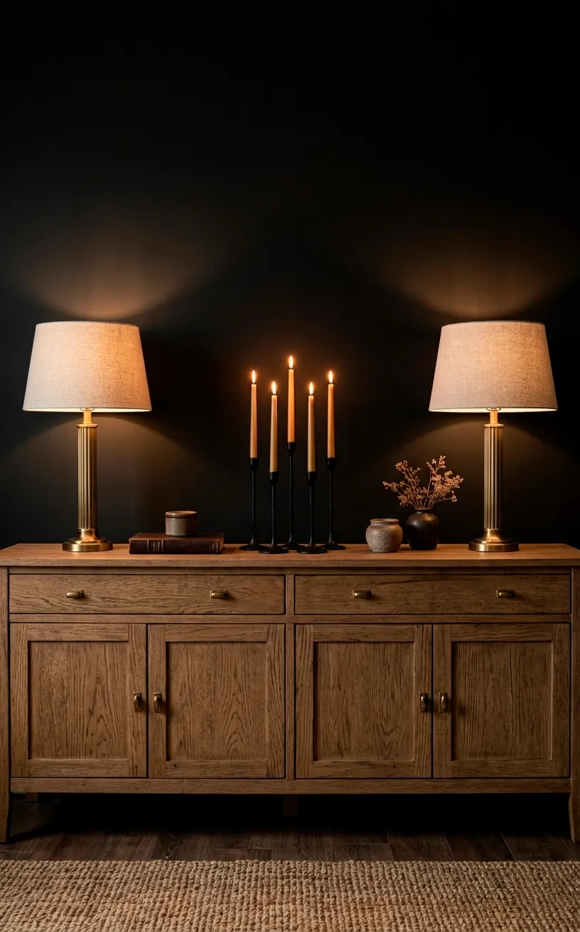 Cozy dining room sideboard with table lamps and taper candles against black walls.