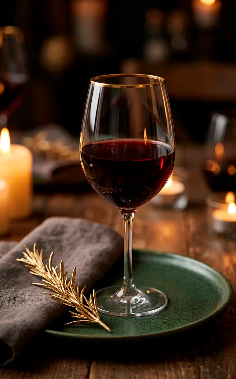 Close-up of gold-rimmed glassware and emerald stoneware on a festive dinner table.