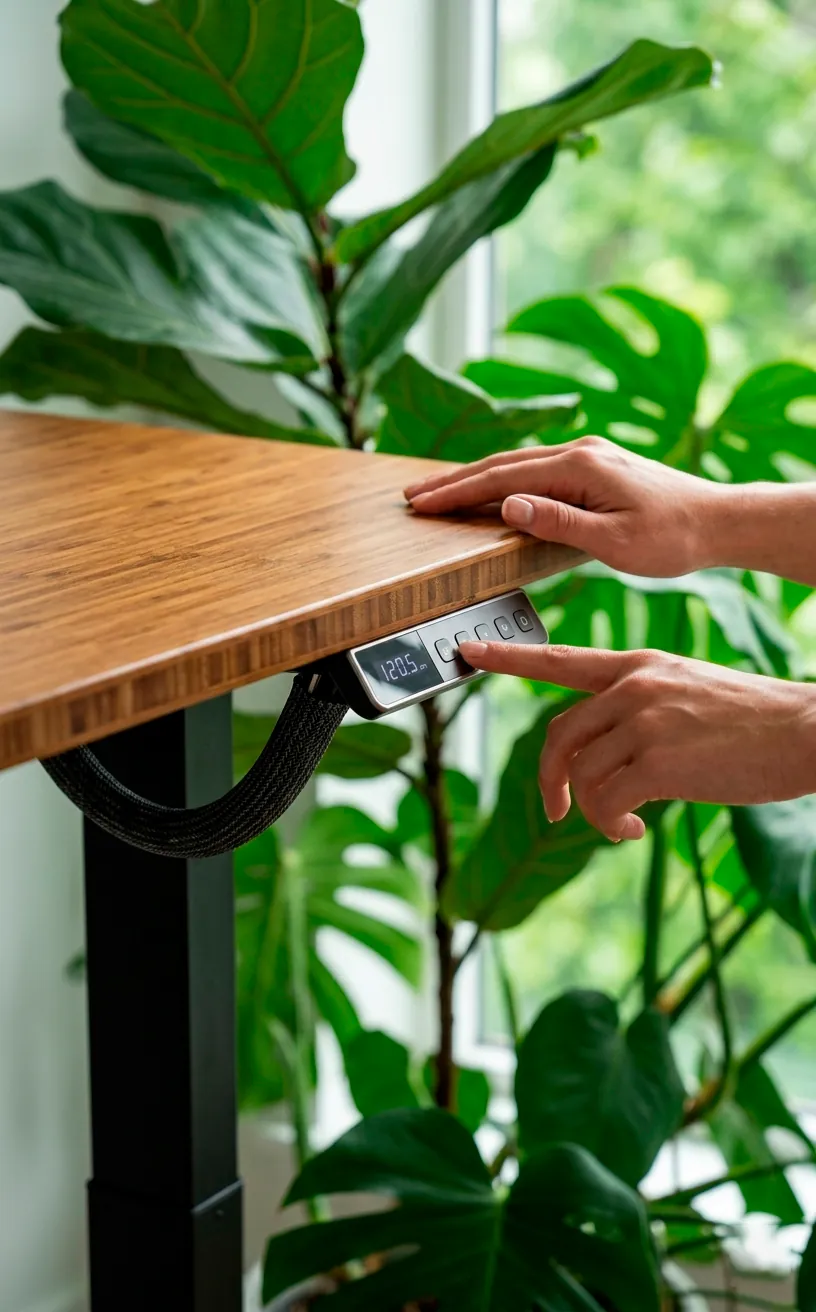 Electronic control panel on the side of a bamboo standing desk with a hand adjusting height.