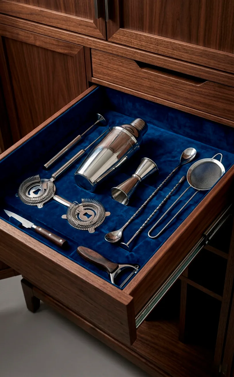 Organized bar tool drawer with a silver shaker and jigger inside a luxury bar cabinet.