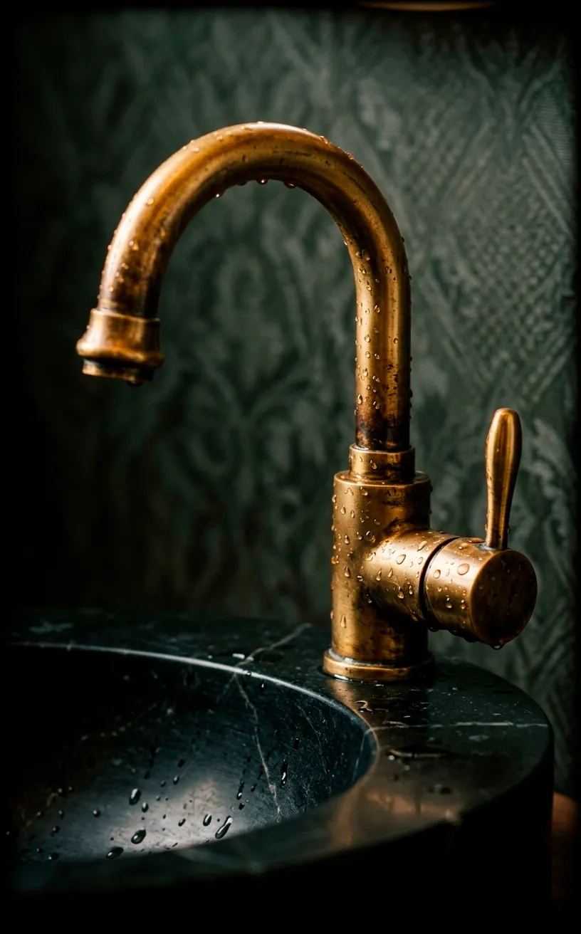 Close-up of a vintage brass faucet and a black stone bathroom sink.